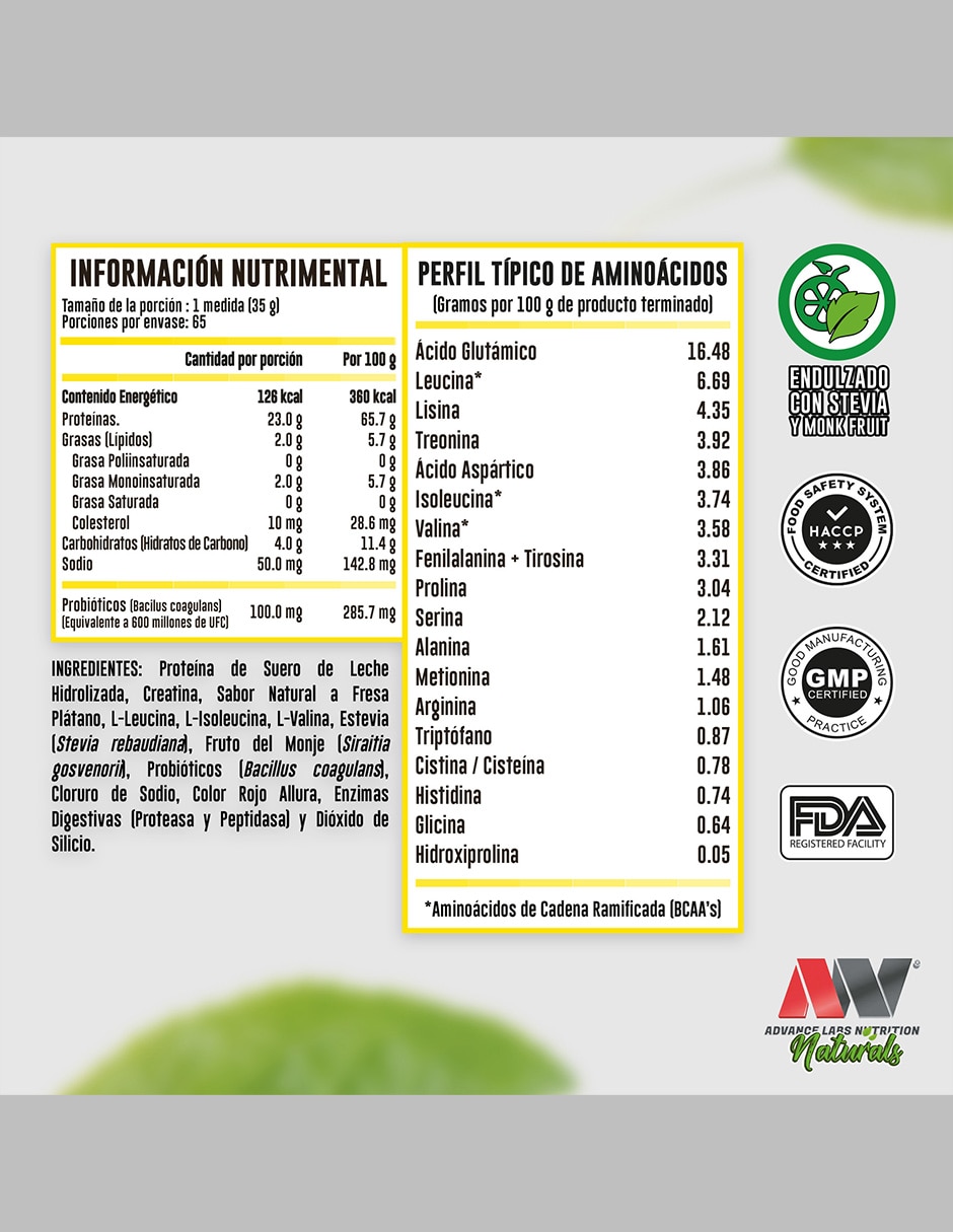 Hydrotein naturals Advance Nutrition con proteína de suero de leche sabor napolitano de 2.2 Kg