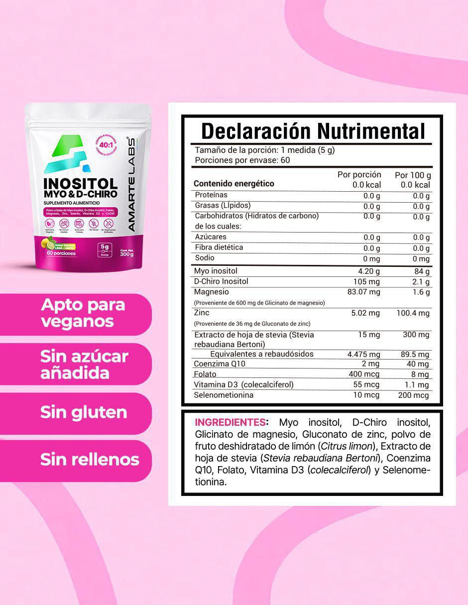 Suplemento alimenticio myo + d-chiro inositol con myo-inositol y d-chiro inositol sabor lima limón de 300 g