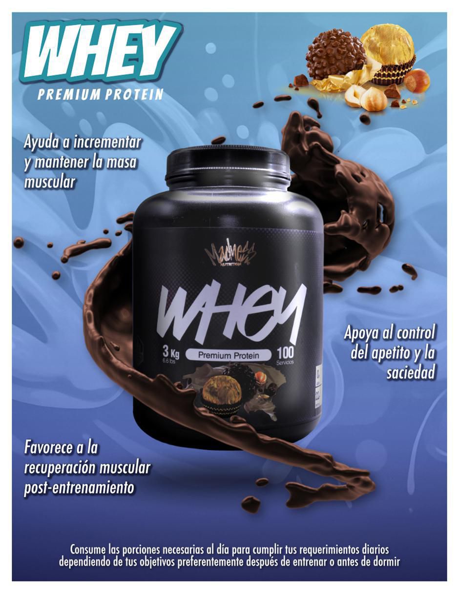Proteína whey madness suplemento deportivo premium con proteína sabor chocolate de 3 kg 3