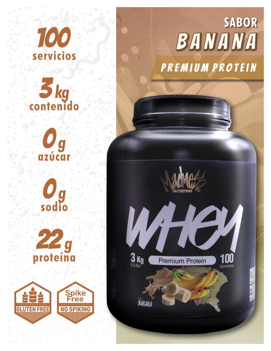 Proteína whey madness suplemento deportivo premium con proteína sabor plátano de 3 kg 5
