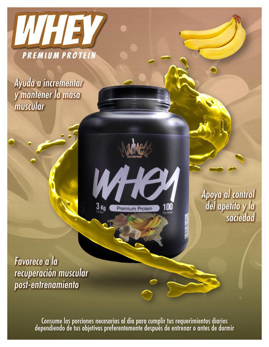 Proteína whey madness suplemento deportivo premium con proteína sabor plátano de 3 kg 3
