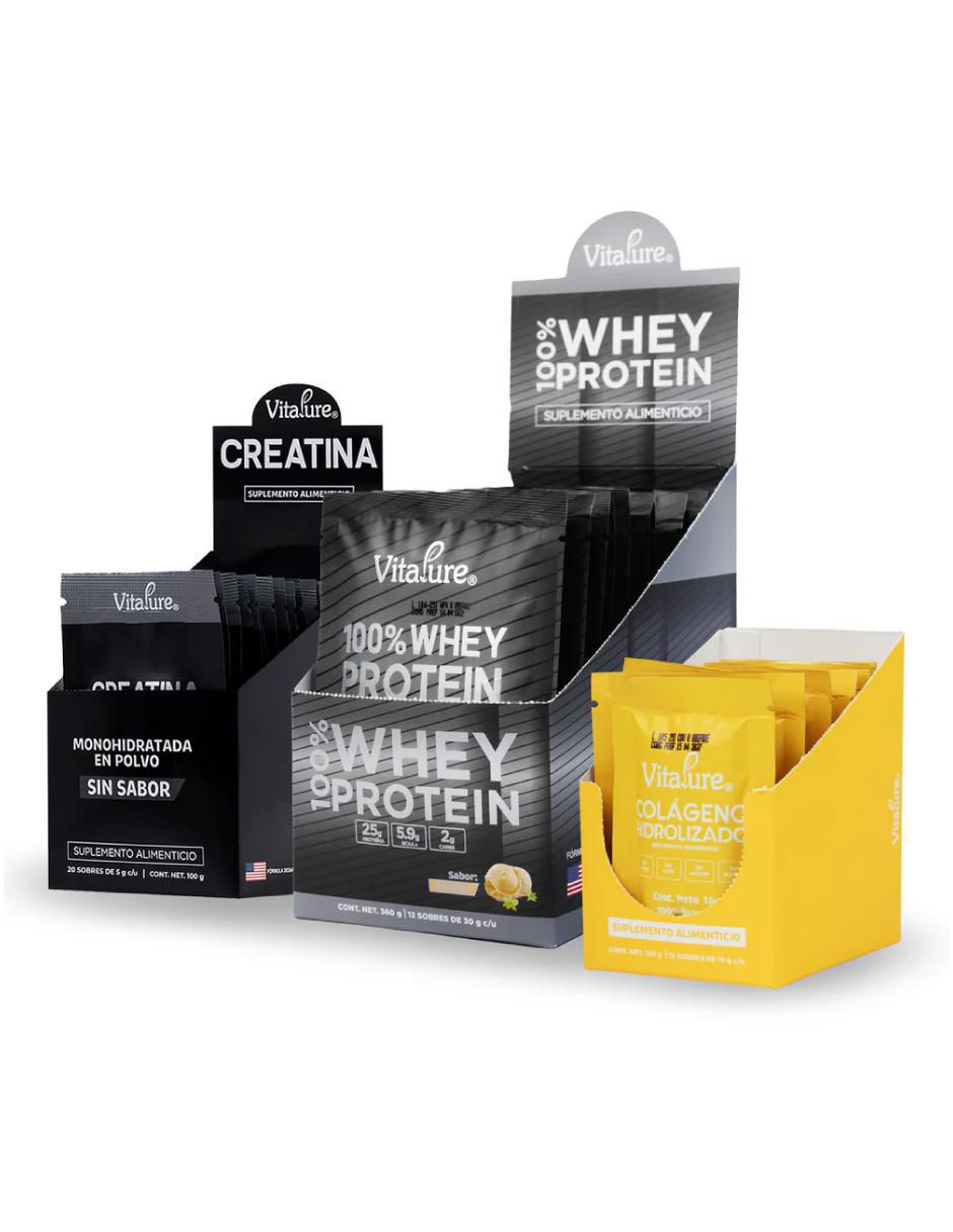 Kit de suplementos alimenticios Combo proteína whey vainilla + creatina + colágeno Kit de suplementos alimenticios Combo proteína whey vainilla + creatina + colágeno
