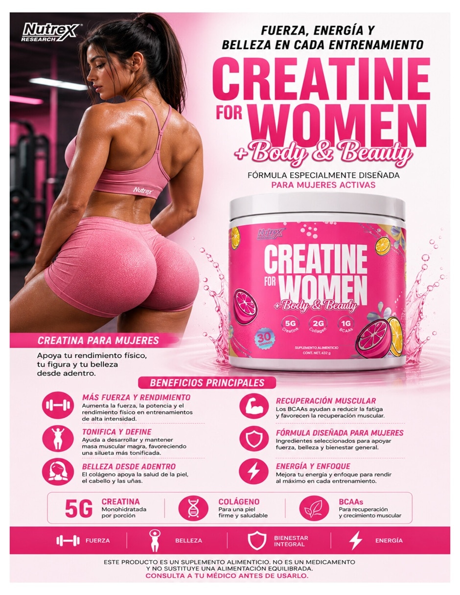 Creatina monohidratada Booty & Beauty sabor limonada rosa de 315 g
