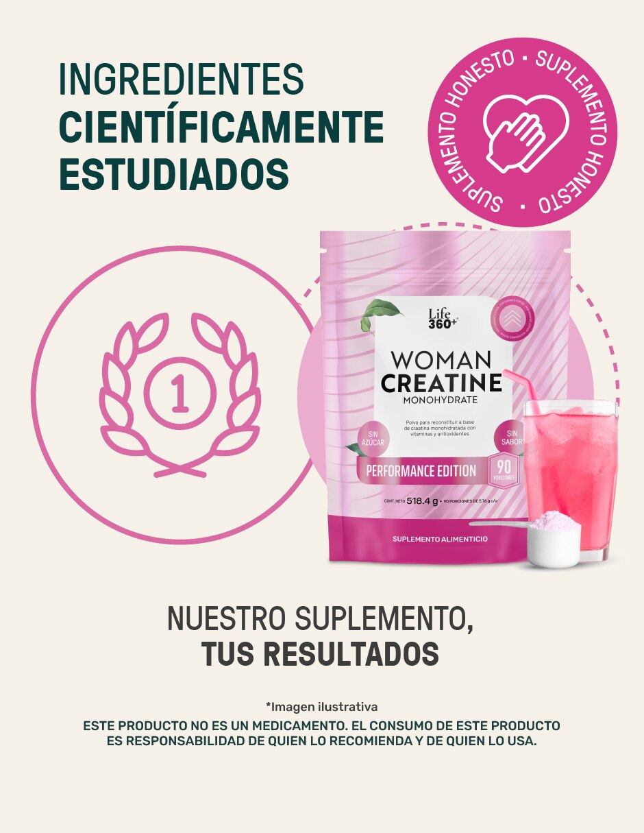 LIFE 360+ Creatina para Mujer 518.4 g | 90 Porciones | En Polvo con Creatina sabor No saborizado de 4