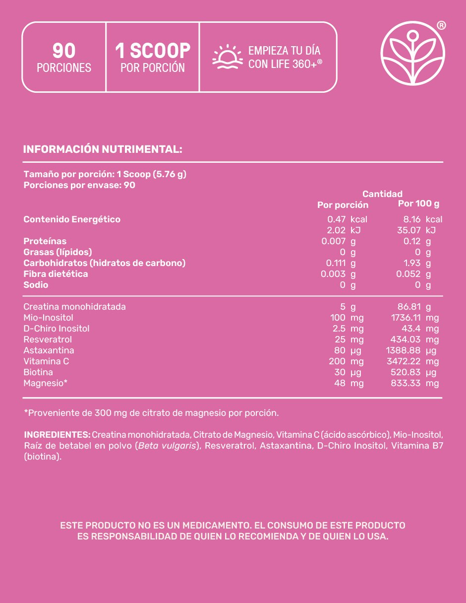 LIFE 360+ Creatina para Mujer 518.4 g | 90 Porciones | En Polvo con Creatina sabor No saborizado de 5
