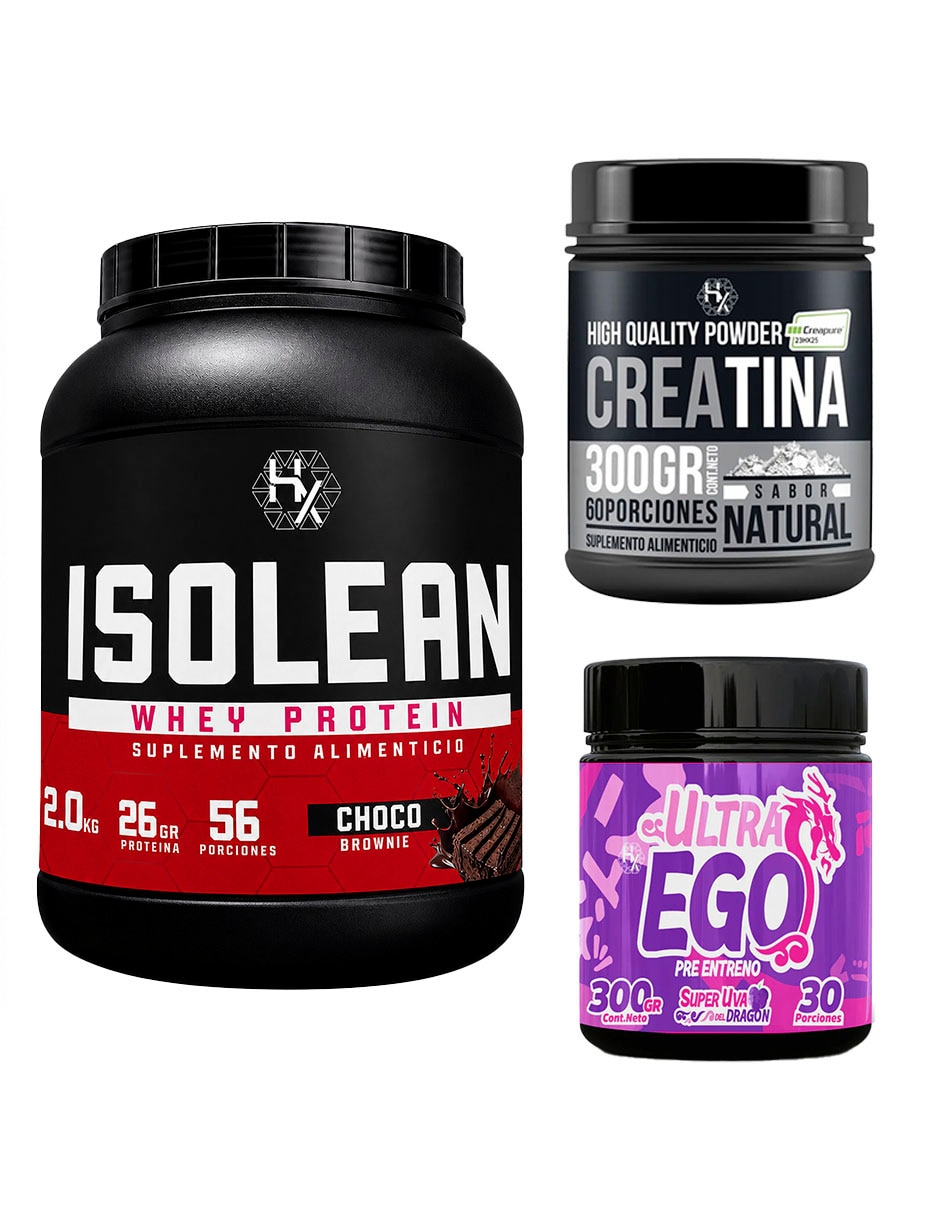 Kit Proteína whey 2 kg + creatina 300 g + Pre entreno ultra ego con proteína vegetal sabor Chocolate Kit Proteína whey 2 kg + creatina 300 g + Pre entreno ultra ego con proteína vegetal sabor Chocolate