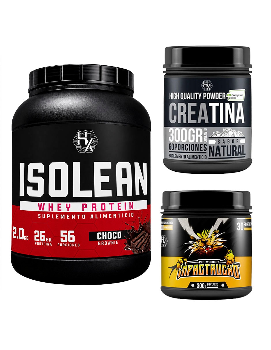 Kit Proteína whey 2 kg + creatina 300 g + Pre entreno Impacto rugido con proteína vegetal sabor Chocolate
