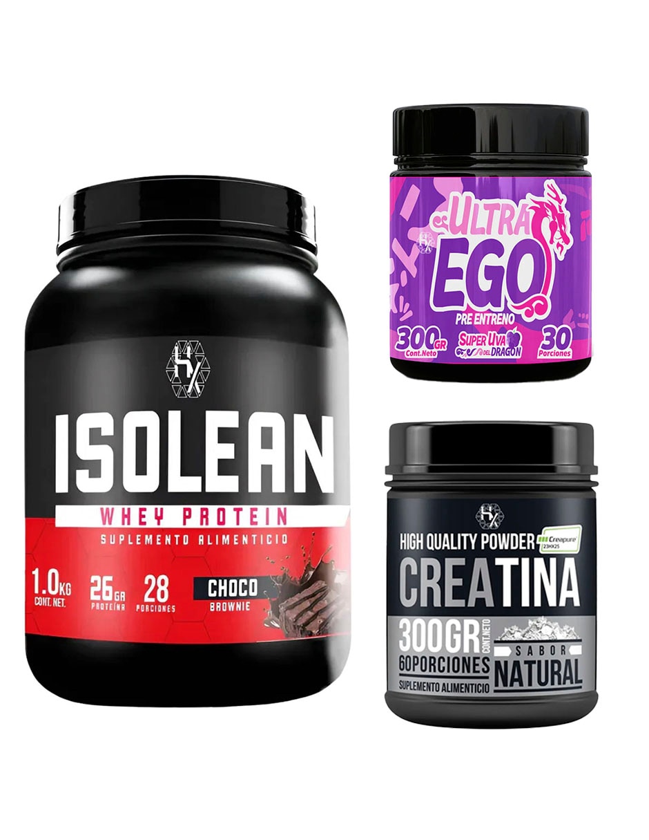 Kit proteína whey 1 kg + creatina 300 g + pre entreno ultra ego con proteína vegetal sabor Chocolate Kit proteína whey 1 kg + creatina 300 g + pre entreno ultra ego con proteína vegetal sabor Chocolate