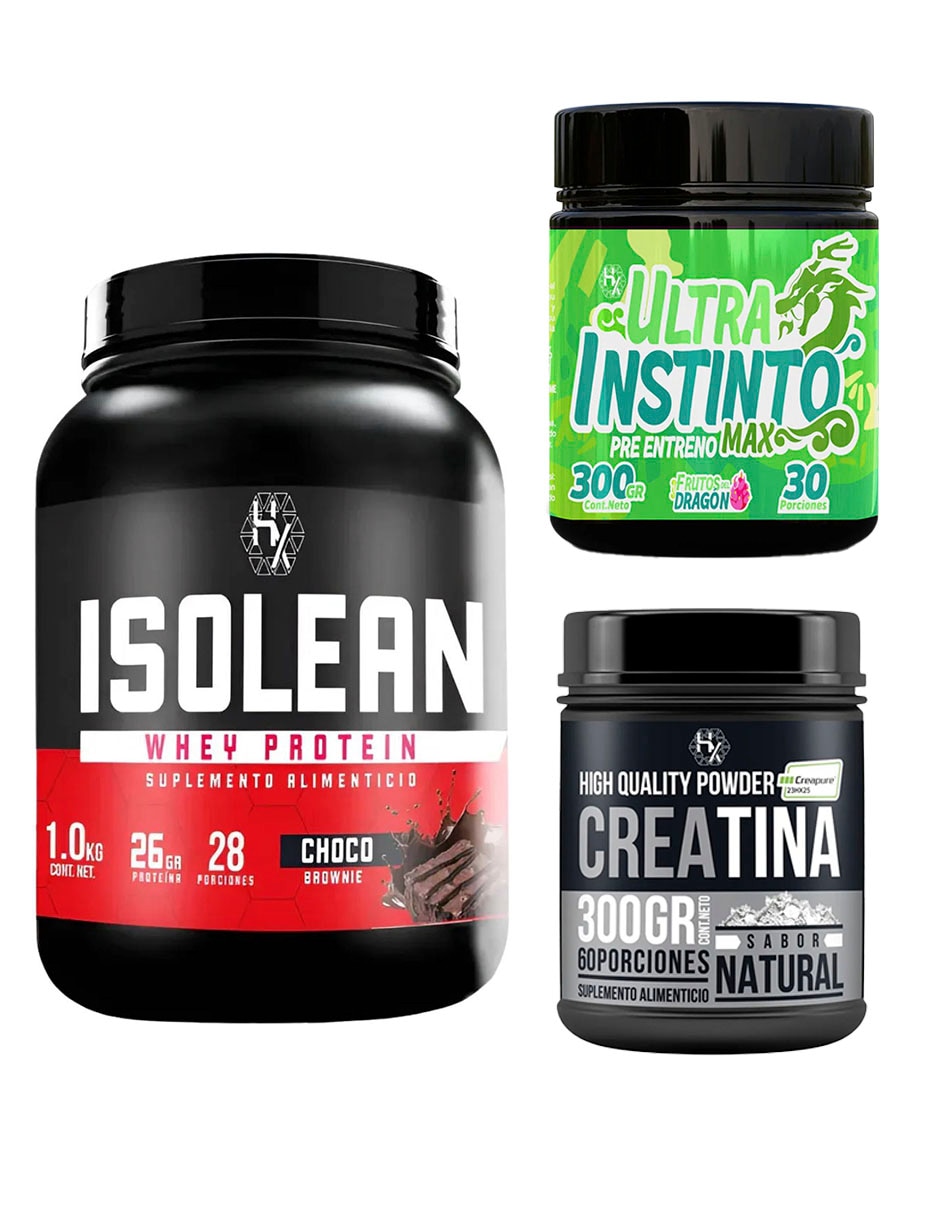 Kit proteína whey 1 kg + creatina 300 g + pre entreno ultra Instinto max con proteína vegetal sabor chocolate Kit proteína whey 1 kg + creatina 300 g + pre entreno ultra Instinto max con proteína vegetal sabor chocolate