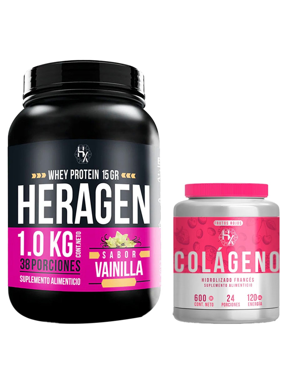 Kit Heragen whey protein 1 kg + colágeno hidrolizado frutos rojos con proteína vegetal sabor vainilla