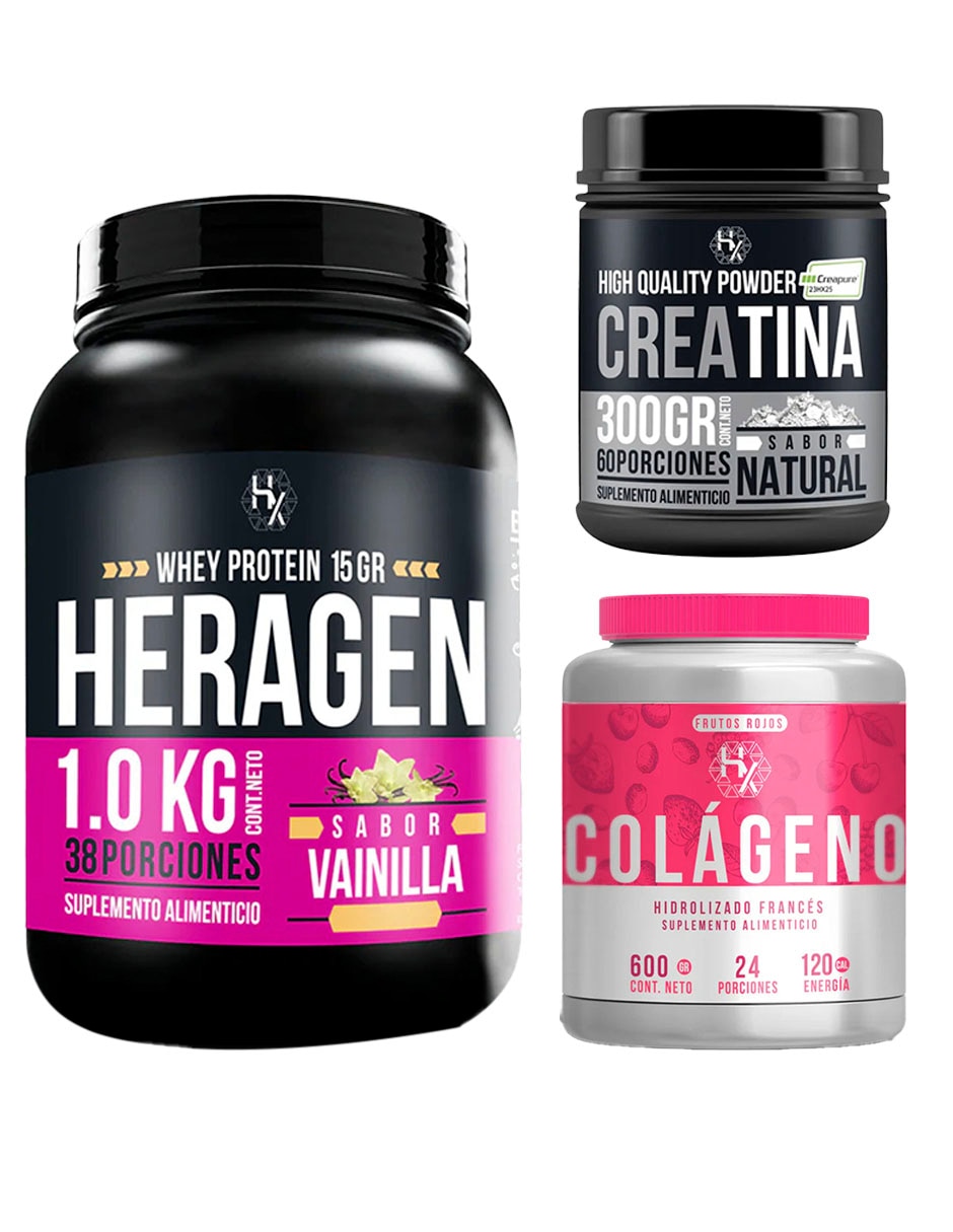 Kit Heragen whey protein 1 kg + creatina 300 g + colágeno Holix con proteína vegetal sabor Vainilla