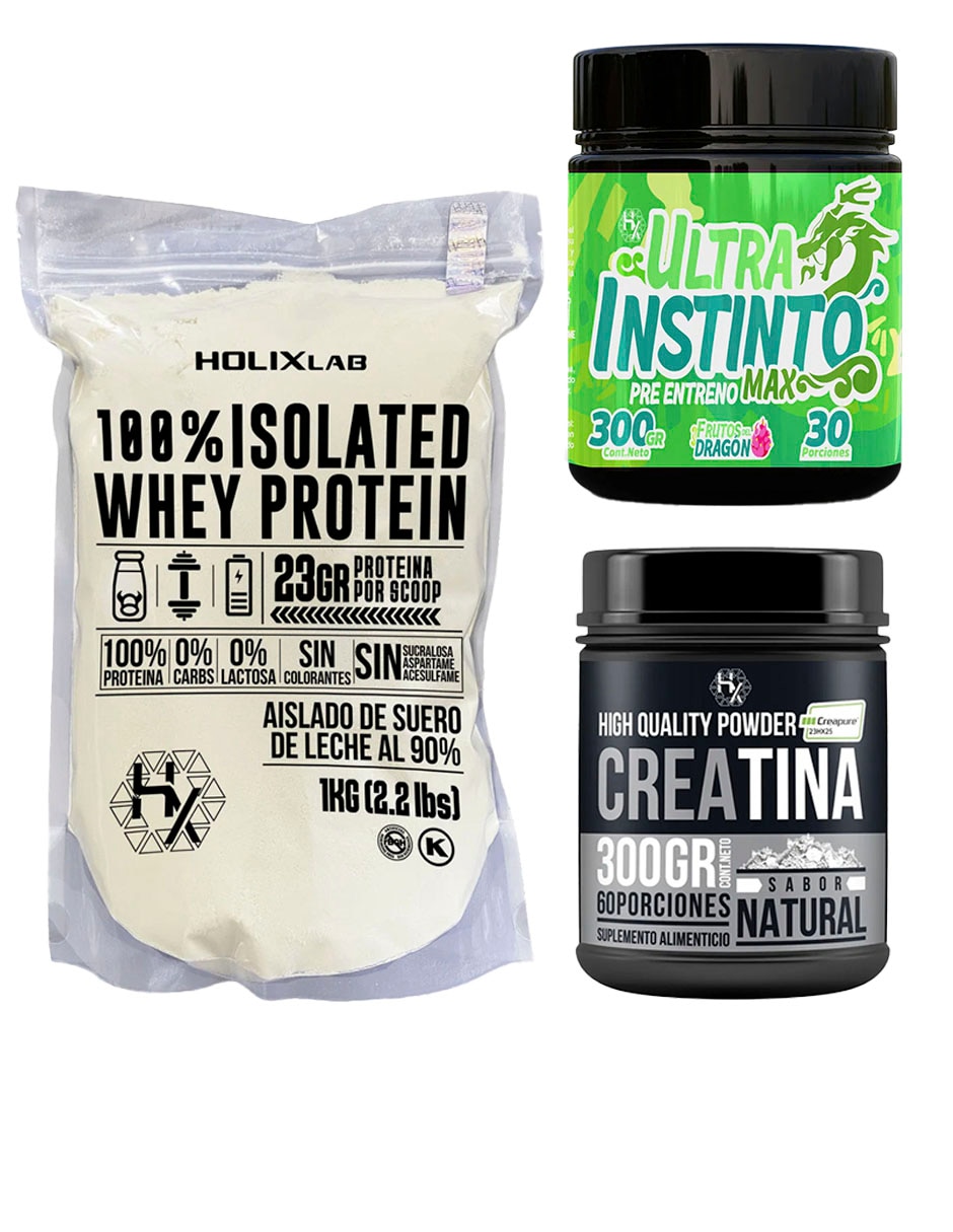 Kit Holix Lab Proteína Isolate whey protein 1 kg + creatina + Pre entreno ultra Instinto Max F con proteína vegetal