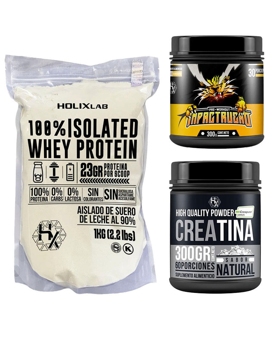 Kit Holix Lab Proteína Isolate whey protein 1 kg + creatina 300 g + Pre entreno Impactrueno con proteína vegetal