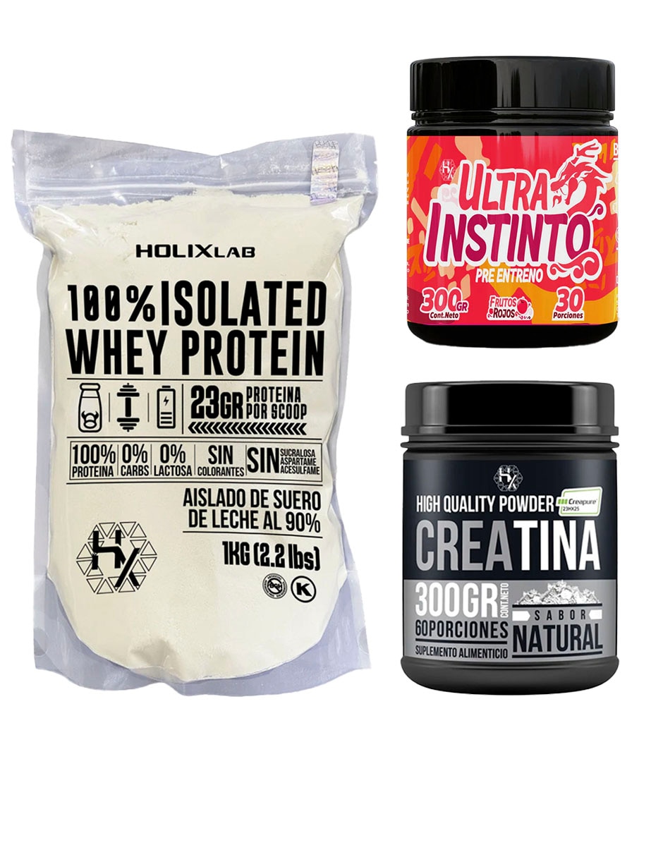 Kit Holix Lab proteína Isolate whey protein 1 kg + creatina + pre entreno ultra Instinto fruto con proteína vegetal
