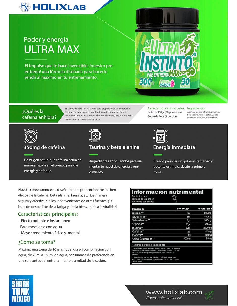 Kit Holix Lab Creatina Monohidratada 500 g + Pre Entreno Ultra Instinto Max Frutos del Dragón 300 g con Proteína vegetal 3