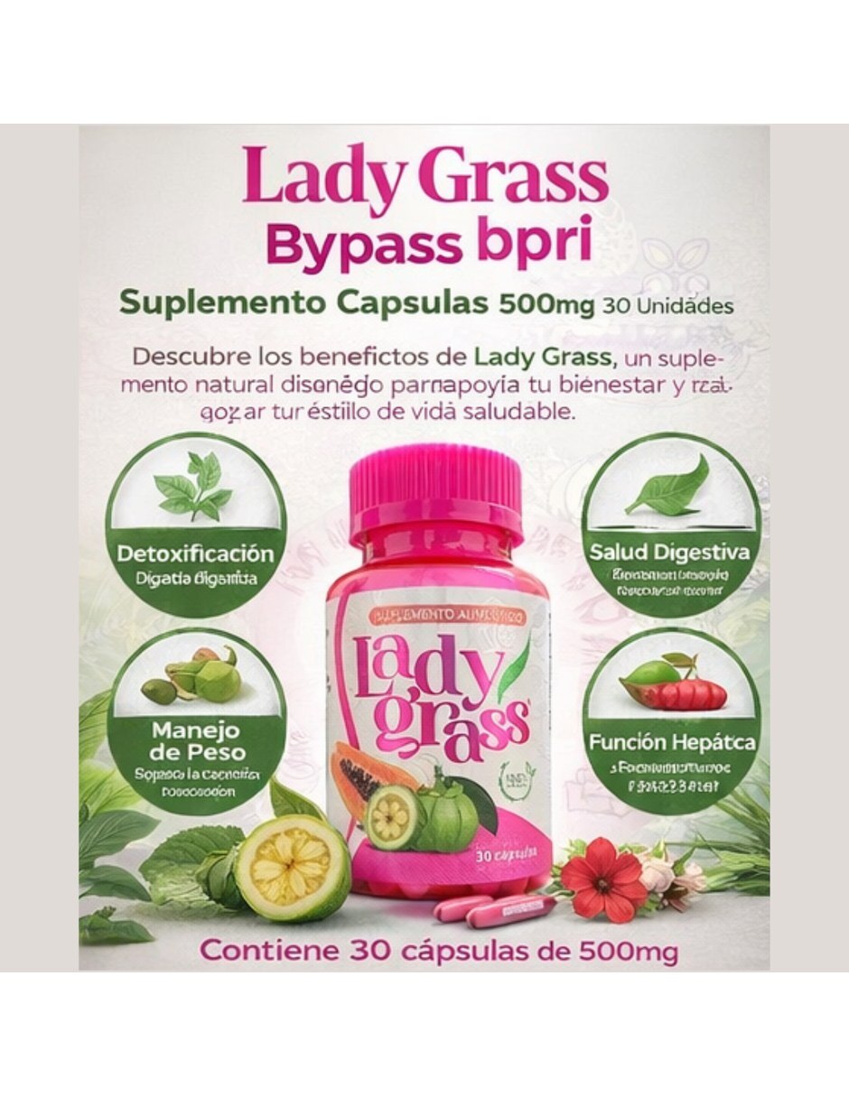 Lady Grass Rosa Suplemento Capsulas 500mg 30 Unidades BYPASS BPRI con Mezcla de hierbas sabor Sin sabor de 8