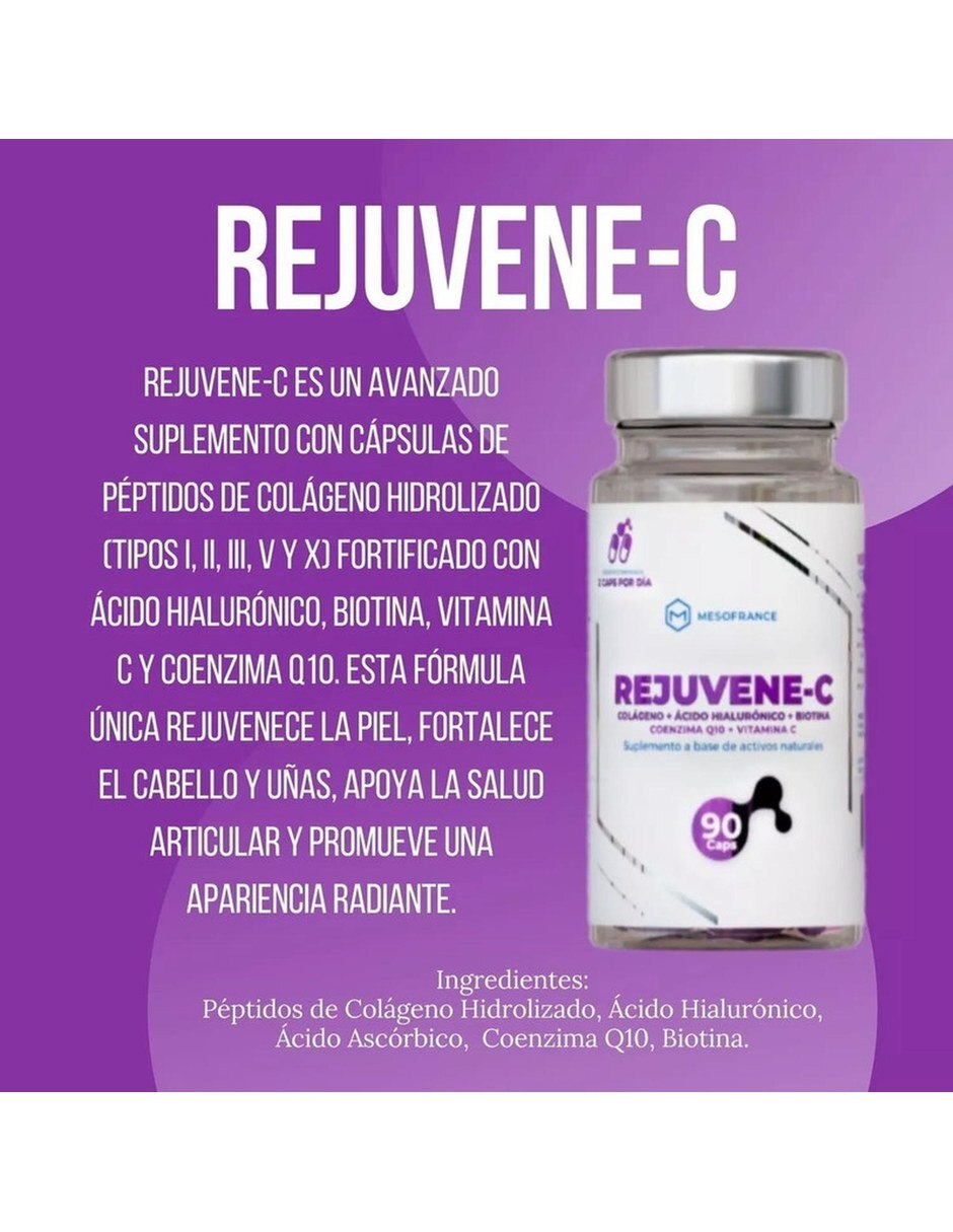 Rejuvene-c Colageno A. Hialuronico 90 Cap Pack 3 MESOFRANCE con Colageno Hidrolizado tipo II Ácido Hialurónico y Biotina sabor Sin sabor de 4