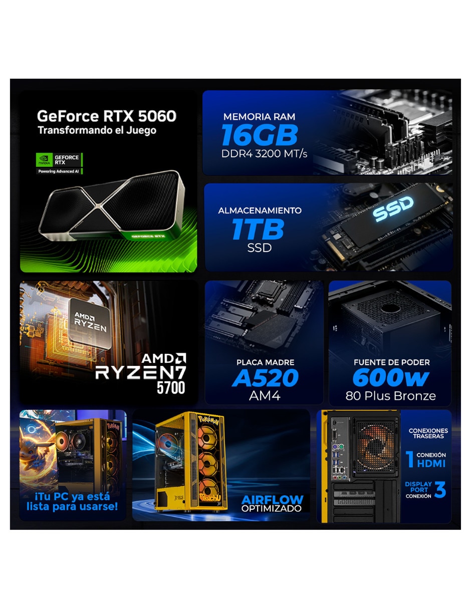 Computadora gamer xtpcr716gb5060pe amd ryzen 7 nvidia geforce rtx 5060 16 GB RAM 1 TB SSD 6